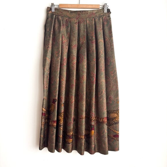 Vintage Ralph Lauren Silk Pheasant Hunting Theme Midi Skirt 8 - Picture 3 of 9